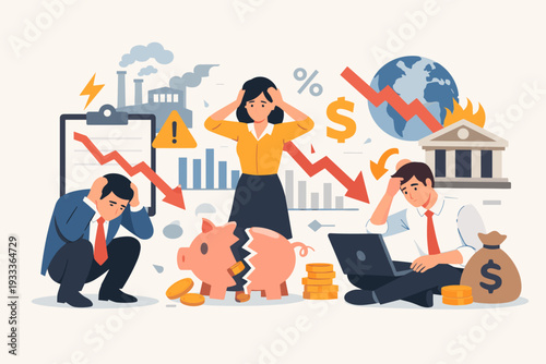 Stressed Business Team Struggling with Global Economic Crisis, Financial Inflation, and Market Crash; Flat Vector Illustration of People with Broken Piggy Bank and Falling Stock Market Arrows.