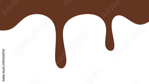 Melted chocolate or syrup drips isolated on a white background. Flowing liquid chocolate border element. A sweet brown syrup or sauce that melts and drips.