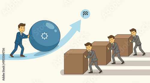Businessman Pushing a Blue Sphere Easily Up a Curved Arrow Towards a Goal While Competitors Struggle to Push Heavy Square Boxes, Concept of Innovation, Efficiency, and Smart Work Over Hard Work.