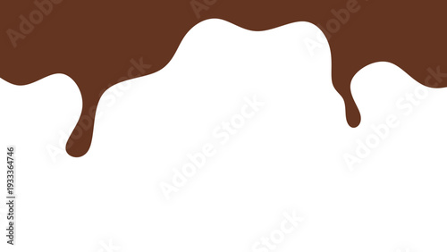 Melted chocolate or syrup drips isolated on a white background. Flowing liquid chocolate border element. A sweet brown syrup or sauce that melts and drips.