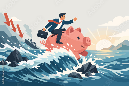 Businessman Riding a Giant Piggy Bank Through Rough Ocean Waves During Economic Crisis, Concept of Financial Survival, Savings, and Investment Success Amidst Recession and Market Downturn