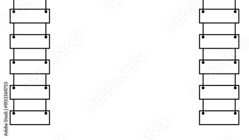 Minimalist hanging blank sign board border. Black and white line art frame template with copy space. Simple rectangular wooden signs suspended on rope wallpaper.