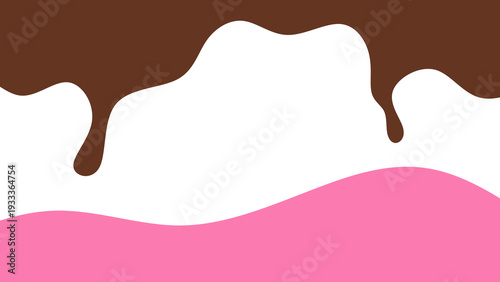Sweet melting chocolate and pink strawberry icing glaze background. Melted syrup or dripping liquid sauce. Minimalist sweet chocolate and strawberry pink background. Minimalist wavy background.