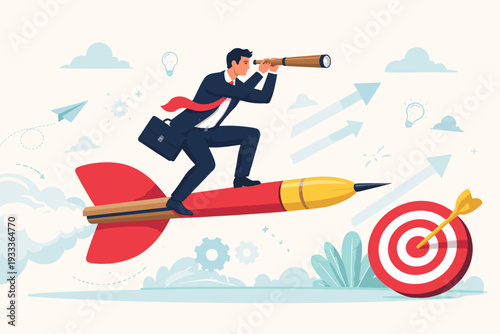 Businessman Riding a Giant Dart Through the Sky Looking Through a Telescope to Find New Opportunities and Goals. Concept of Business Vision, Strategy, Success, and Achieving Targets for Growth.