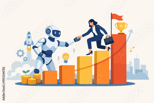 Concept of Artificial Intelligence Support for Business Growth and Success with a Robot Helping a Businesswoman Climb a Rising Bar Chart Towards a Trophy, Rocket Launch, and Financial Progress.