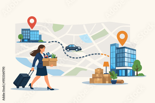 Businesswoman relocating to a new office building, carrying personal items and luggage. A map background with location pins and a car route illustrates the corporate move and career transition.