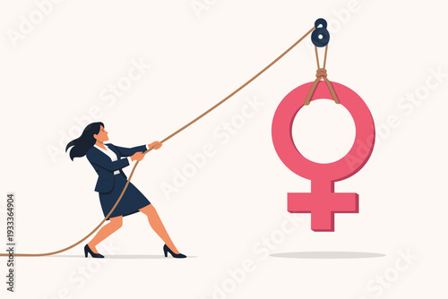 Empowered Businesswoman Lifting Large Pink Female Gender Symbol with Rope and Pulley, Concept of Gender Equality, Women's Rights, Career Advancement, Leadership, and Breaking the Glass Ceiling.
