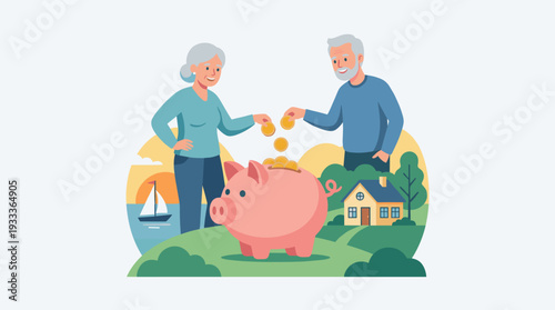 Senior couple putting gold coins into a pink piggy bank for retirement savings, happy elderly man and woman planning financial future, pension fund and investment for dream house and travel.