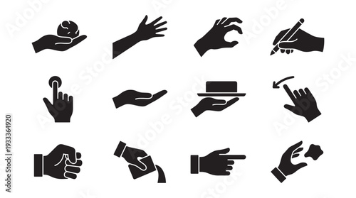 Hand gesture action icon set for interaction communication applications touchscreen interface workflow and digital user experience design illustrating various manual operation meanings resources