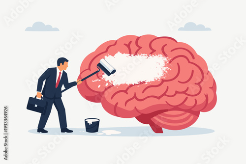 Businessman Painting Over a Human Brain with a White Paint Roller, Concept of Mental Health, Clearing Negative Thoughts, Ego Removal, Brainwashing, Psychological Therapy and Mind Refreshment.