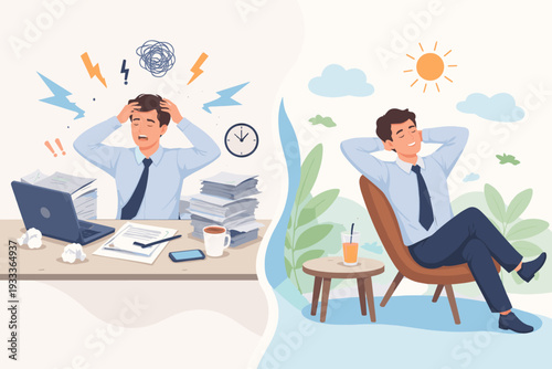 Stress management concept with businessman feeling overwhelmed by work at his desk and finding relaxation and peace while resting outdoors, mental health and work life balance illustration.