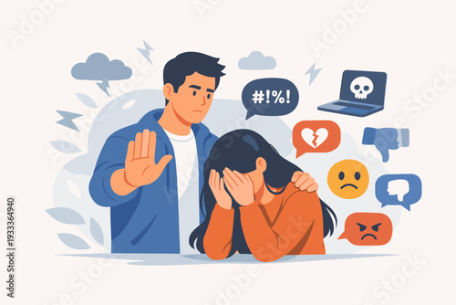 Stop Cyberbullying Vector Concept with Man Protecting Sad Crying Woman from Online Harassment, Social Media Abuse, and Digital Bullying Symbols Like Skull Laptop, Broken Heart, and Angry Emojis