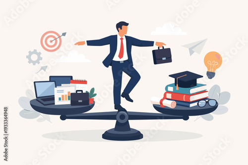 Businessman Balancing Work and Education on Scales, Concept of Lifelong Learning, Professional Development, Career Growth, and Skill Improvement through Continuous Study and Training Illustration