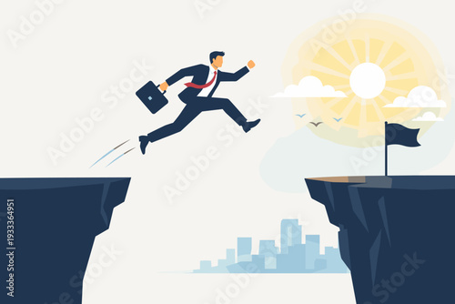 Ambitious businessman jumping across a cliff gap towards a goal flag and bright sun, symbolizing career success, overcoming challenges, risk-taking, and reaching new business milestones.