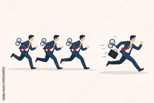 Dynamic conceptual vector illustration of businessmen with mechanical wind-up clock keys on their backs running in a line, featuring one professional man breaking away with a briefcase.