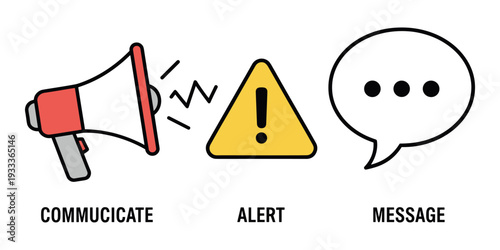 Megaphone broadcasting, an alert triangle, and a speech bubble conveying crucial announcements and urgent messages