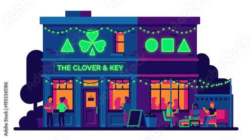 Traditional irish pub exterior at night with neon shamrock sign and people drinking