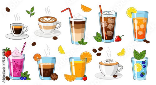 A colorful illustration of various refreshing beverages on a seamless background, including coffee and juice