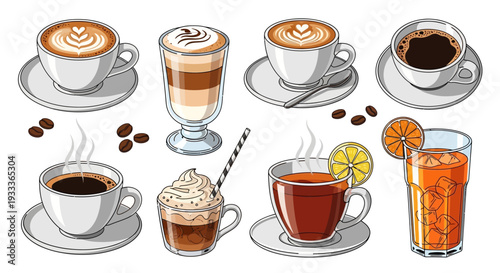 A collection of various delightful hot and cold beverages in cups, all designed with cartoon style