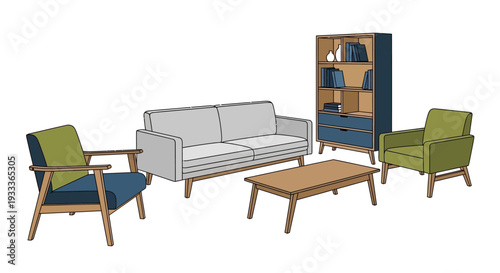 A modern living room interior featuring furniture: a sofa, two chairs, a coffee table, and a bookshelf