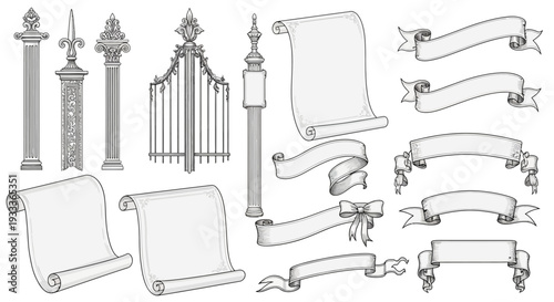 Elegant vintage architectural elements, scroll banners, and ribbons in grayscale, perfect for adding a touch of classic sophistication