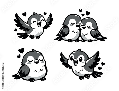 Adorable cartoon sparrows collection showing different emotions. Flying, sitting, snuggling, and feeling joyful, surrounded by hearts