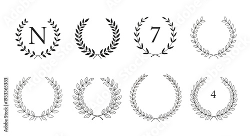Eight elegantly designed laurel wreaths, each one representing distinct achievements and recognition. Some wreaths feature numbers or letters