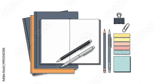 A collection of notebooks, pens, and stationery supplies arranged neatly on a desk, perfect for education and business tasks