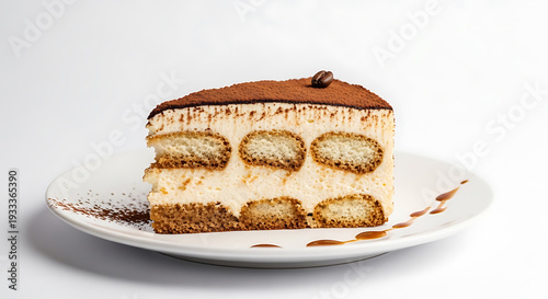 Delicious Tiramisu Cake Slice on White Plate with Coffee Bean Topping