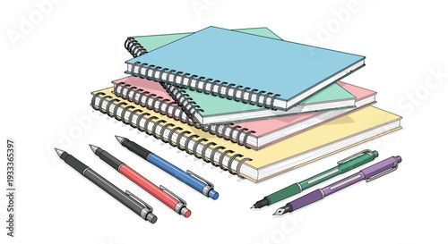 Stacked notebooks and pens, perfect for note-taking and creativity, in a colorful arrangement
