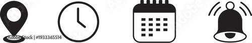 Location time calendar and alarm clock icons set flat design vector illustration