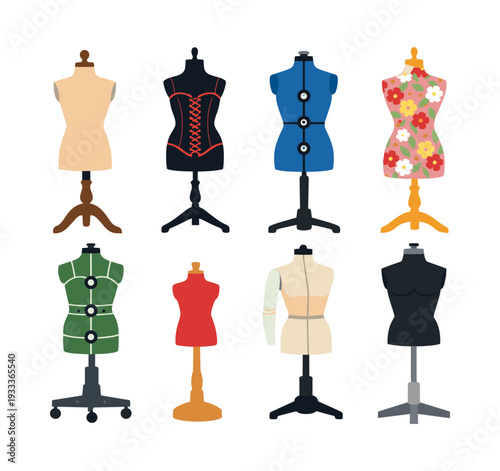 Selection of vibrant mannequins and tailor dummies showcasing a range of styles for dressmaking, fashion, and garment manufacturing