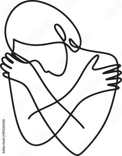 A person embraces themselves, symbolizing self-love and comfort through simple line art.