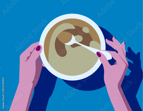 Female hands with a white bowl of soup and spoon on blue background. Vector illustration in minimalistic flat style.