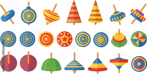 Large collection of colorful flat vector spinning top toys with various geometric patterns and vibrant colors isolated on white.