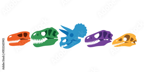 The image features five colorful dinosaur skull silhouettes inspired by various species and ancient eras