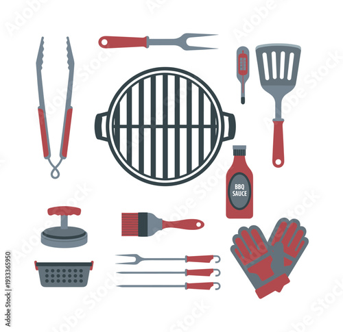 Barbecue tools set depicting a collection of grilling equipment including a spatula, tongs, grill grate, and sauce