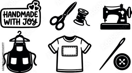 Flat design close up sewing icons set showing handmade with joy label apron t shirt scissors spool needle button minimal