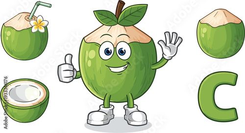 Cute Cartoon Coconut Character Vector Set with Funny Mascot, Coconut Half, Drink and Letter C Illustration