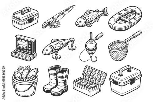 Fishing gear illustrations: rods, lures, tackle boxes, fish finder, net, boots.