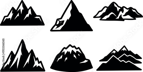 Vector icon set minimalist mountain silhouettes six black peaks in flat design bold low angle view isolated on white background