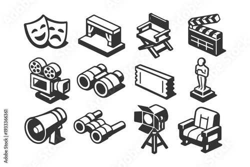 Theater and film icons: masks, director's chair, clapboard, megaphone, award statue.