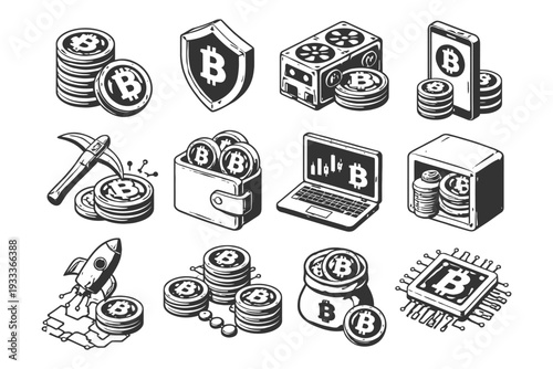 Bitcoin icons: cryptocurrency wallet, mining, and technology illustrations.