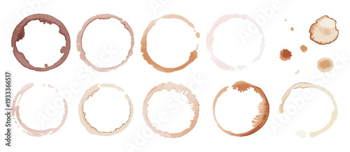 Coffee or Tea Stain Ring Vector Set Isolated on White Background, Brown Cup Marks, Round Splash Spots and Drink Trace Collection for Grunge Design Projects