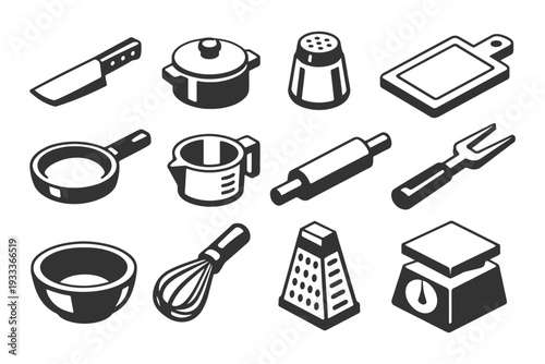 Kitchen utensils set: knife, pot, salt shaker, cutting board, pan, pitcher, rolling pin, fork, bowl, whisk, grater, scale.