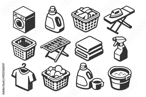 Monochrome laundry icons collection: washing machine, detergent, ironing board, basket, clothesline.