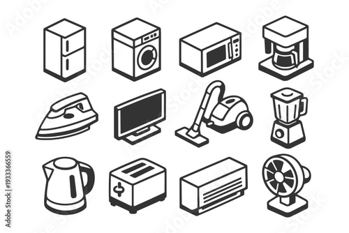 Isometric icons of household appliances: refrigerator, washing machine, microwave.