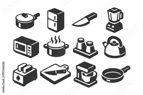 Isometric kitchen utensils and appliances collection in black and white.