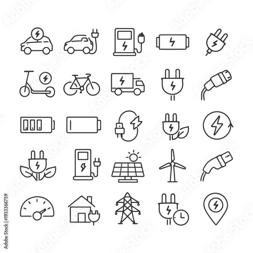 Electric energy transportation and charging icon set.