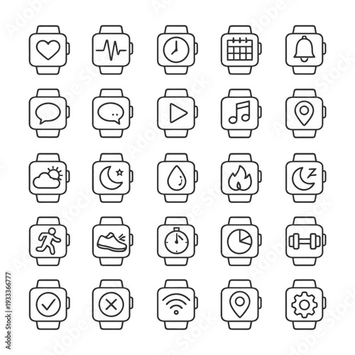 Collection of smartwatch icons featuring health, communication, and fitness functions.